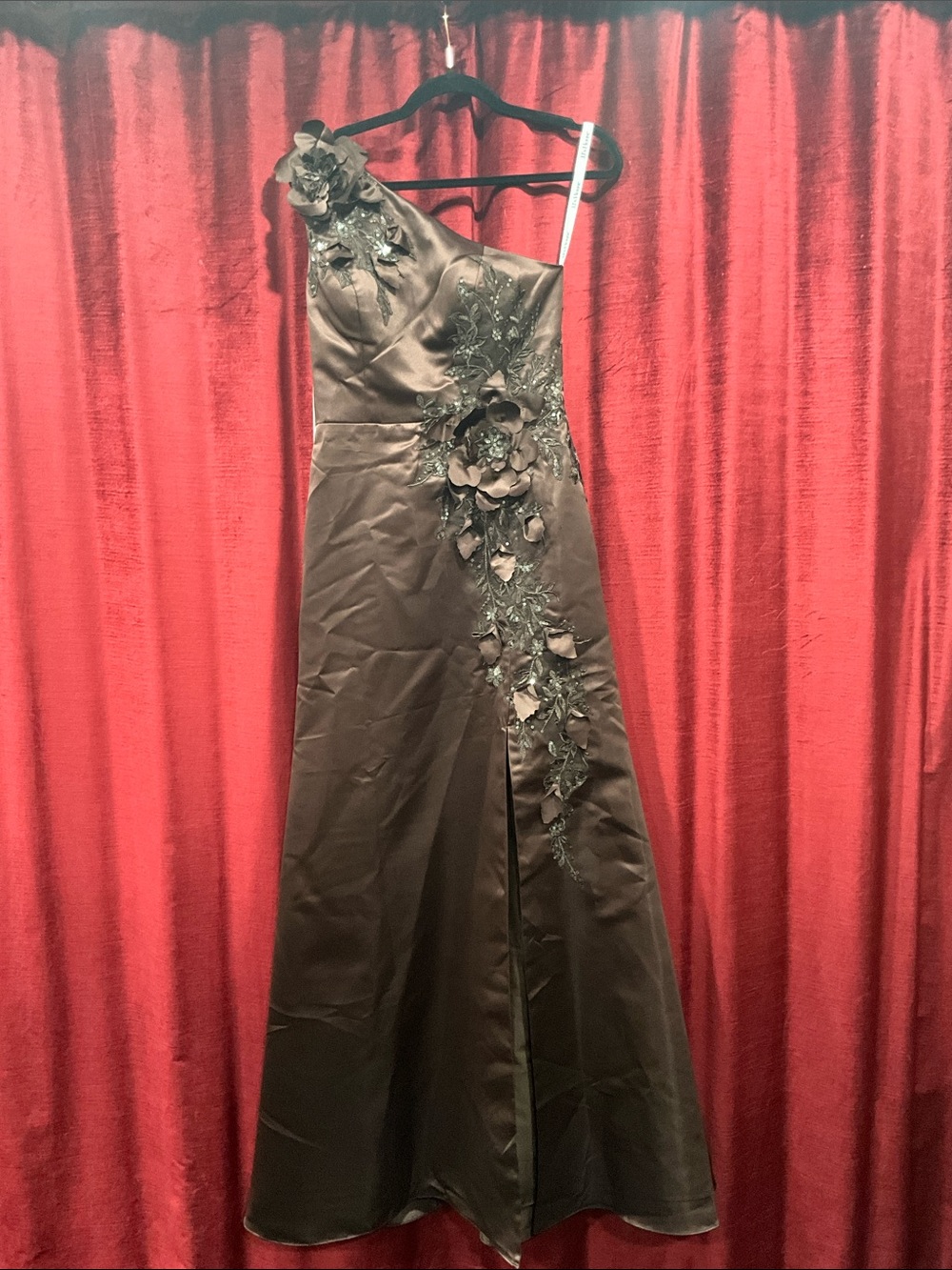 JJ's House Evarose Chocolate One Shoulder Overskirt Satin Maxi Dress - Size 4 - Picture 3 of 6